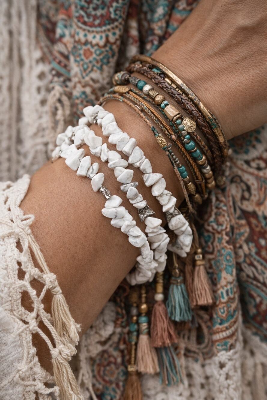 Vtg White Howlite Triple Strand Bracelet Boho Chic Silver Accent Beaded